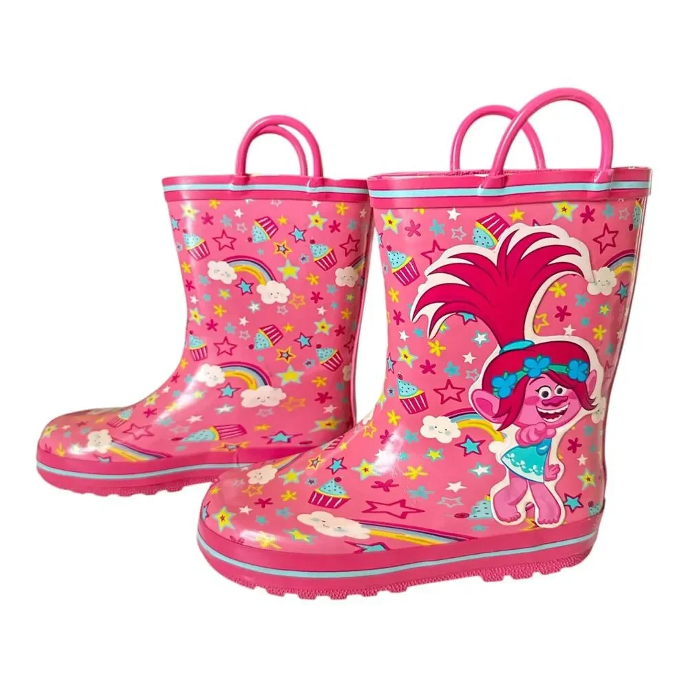 TROLLS RAIN BOOTS Poppy Troll Rainboots Girls Kids Size 12 Pink Pull On Handles